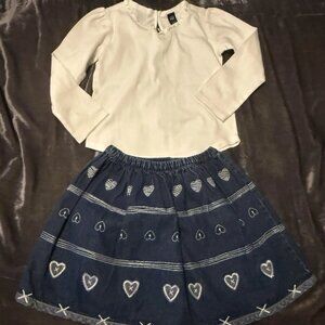 Vintage 90s Y2K Baby Gap Heart Embroidered Denim Skirt & Puff Sleeve Top 4T